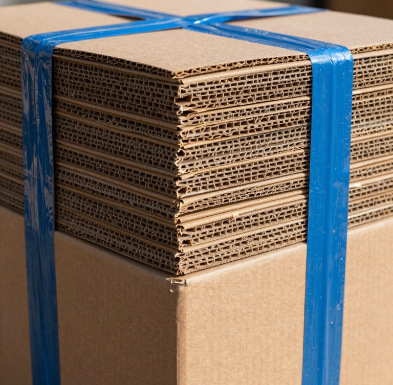 Tight close-up of heavy-duty cardboard boxes wrapped in five-layer corrugated sheets, secured with heavy blue industrial tape, bright daylight.