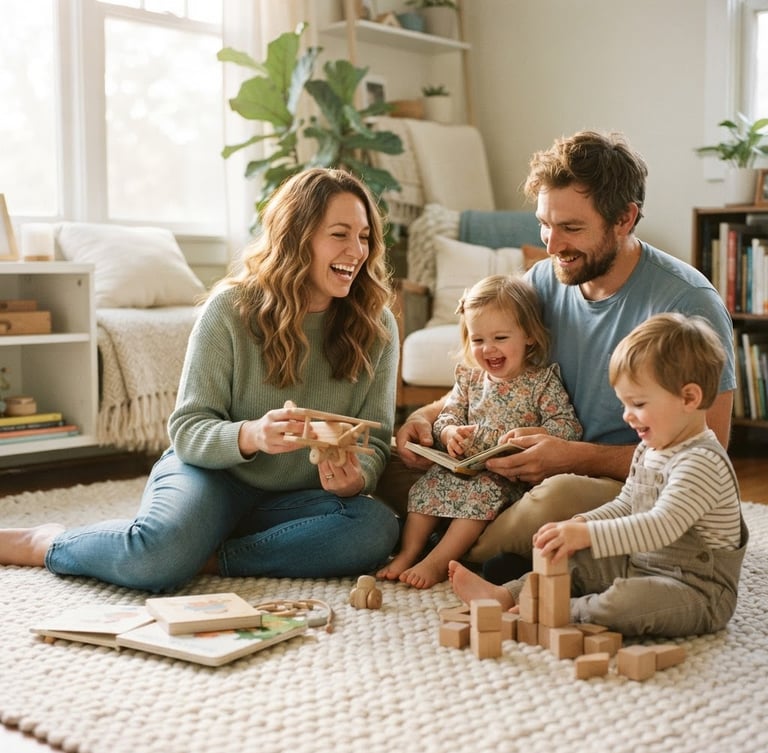 Warm lifestyle photography of Mindy and Aaron sitting on a cream rug with toddlers, soft natural daylight from a side window, dusty sky blue accents, shallow depth of field, 35mm