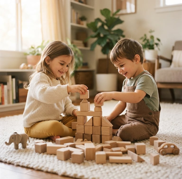 Candid eye-level shot of two young children playing with wooden blocks on a cream rug, soft morning window light, warm natural tones, shallow depth of field, 35mm
