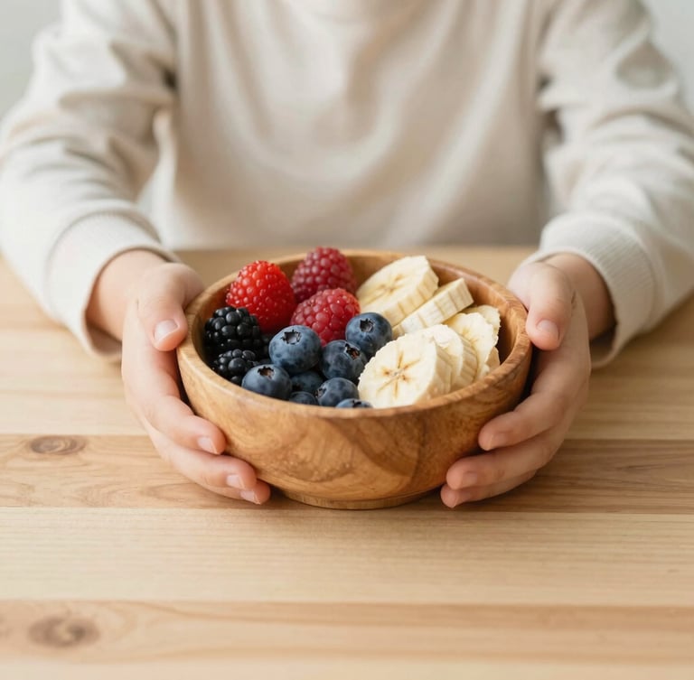 Close-up of a child's hands holding a wooden bowl filled with fresh colorful berries and sliced bananas on a light wooden table, soft natural daylight, warm Scandinavian style