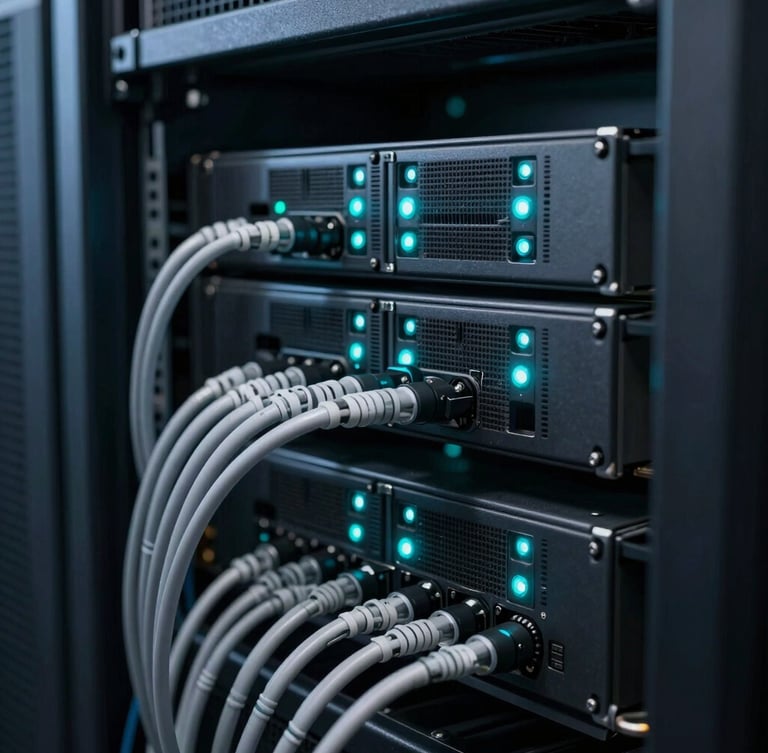 Macro close-up of real server racks with clean, structured cable management, glowing cyan status lights, low-key cool-toned studio lighting, highly technical atmosphere.