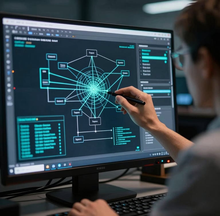 Close-up of a certified systems engineer analyzing complex network topology diagrams on a high-resolution screen in a dark control room, cyan lighting accents.