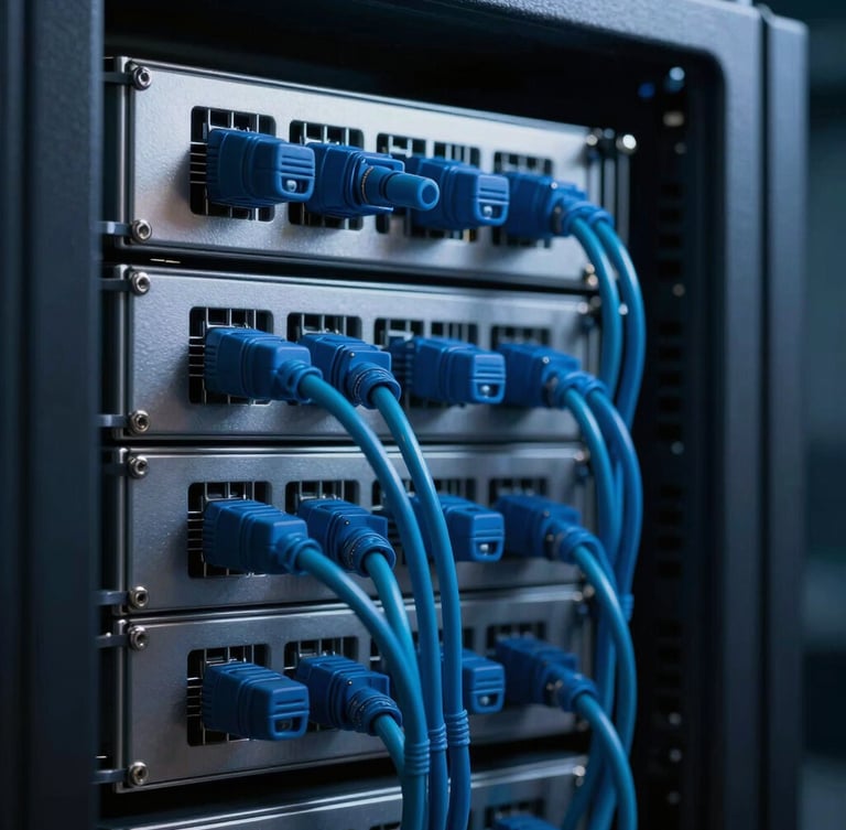 Macro shot of modern server rack with clean blue and cyan cabling, low-key cool-toned studio lighting, high contrast, technical precision.