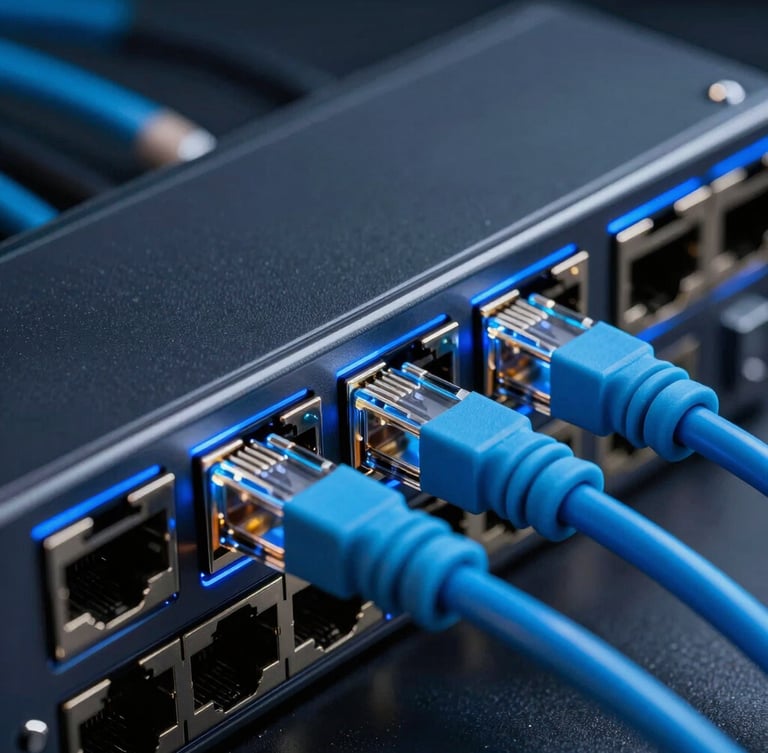 Extreme close-up of a high-performance network switch with glowing cyan ethernet cables plugged in, dark tech aesthetic, cool blue rim lighting