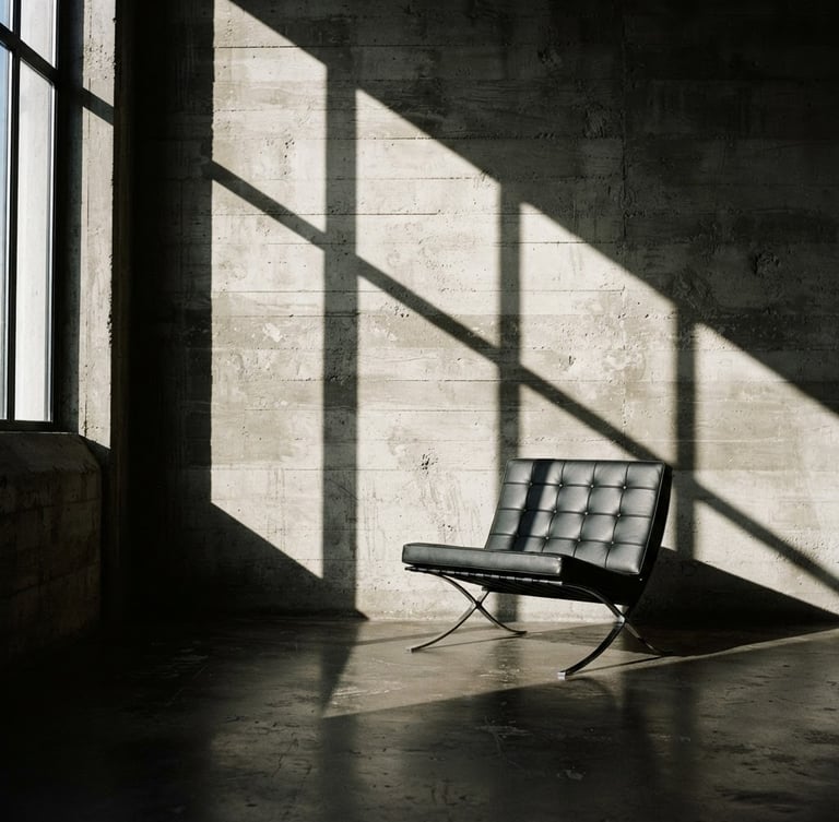 Stark high-contrast architectural interior, deep window shadows casting sharp angles on a raw concrete wall, minimalist black leather chair, 35mm film look.