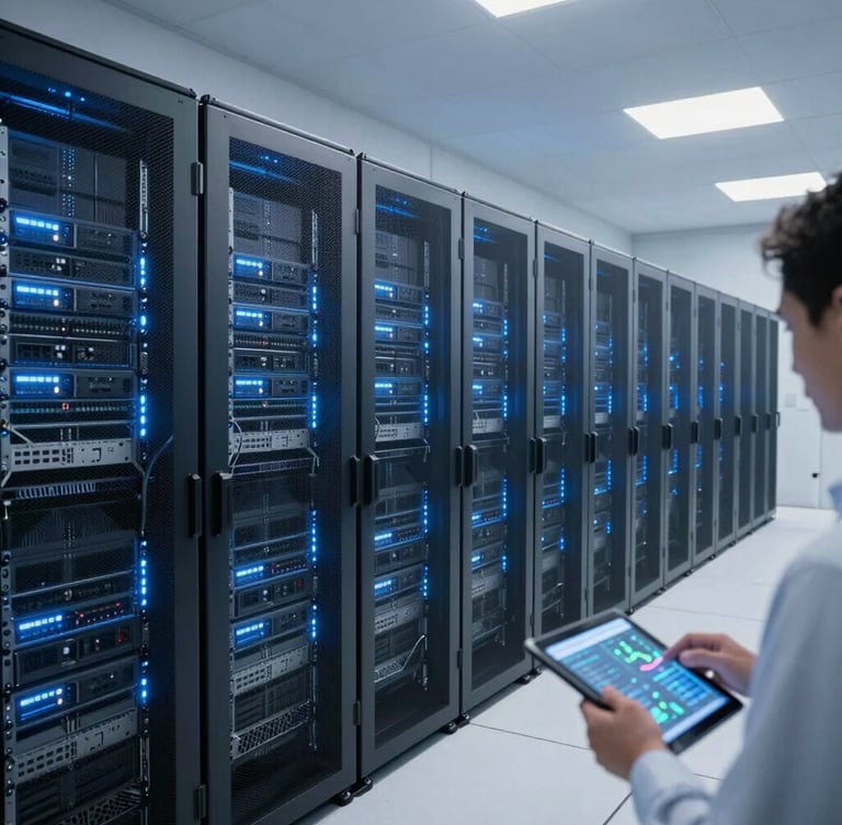 Wide panoramic shot of a modern, clean server room with rows of blinking server racks, cool blue lighting, and an engineer analyzing data on a tablet in the foreground, sharp focus, architectural framing, 35mm lens