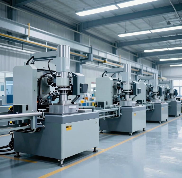 Medium-wide environmental shot of a modern factory floor with automated machinery, clean industrial lighting, cool blue and slate tones, sharp focus, architectural framing, 35mm lens