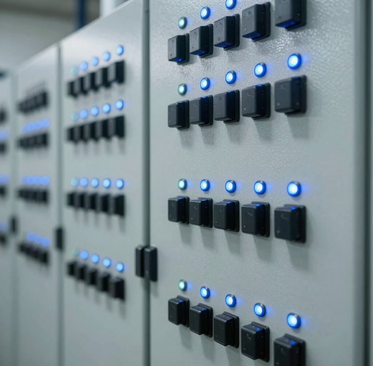 Sharp close-up of industrial automation control panel, clean wiring, cool blue indicator lights, daylight-balanced, 35mm lens