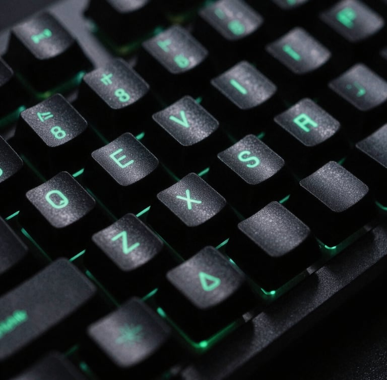 Moody macro shot of a mechanical keyboard with subtle neon green terminal glow, high contrast shadows, dark cybernetic tones, 35mm