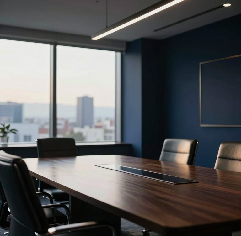 Dramatic editorial photography of a modern corporate boardroom in Guatemala City, soft window side-light, deep navy tones, shallow depth of field