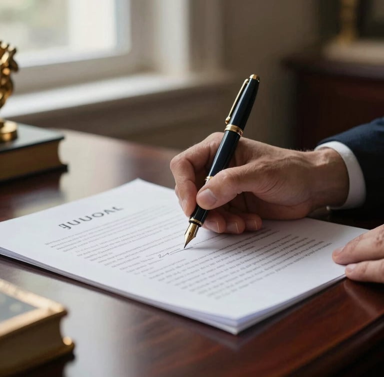 Dramatic editorial close-up of a fountain pen signing a structured legal document on a dark mahogany desk, soft window side-light, shallow depth of field, gold accents.