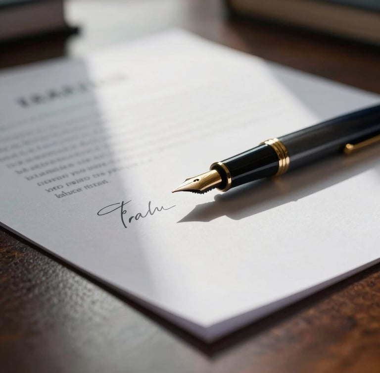 Close-up of signed legal documents with a gold-nibbed fountain pen on a dark wooden desk, dramatic side-lighting, shallow depth of field, corporate elegance
