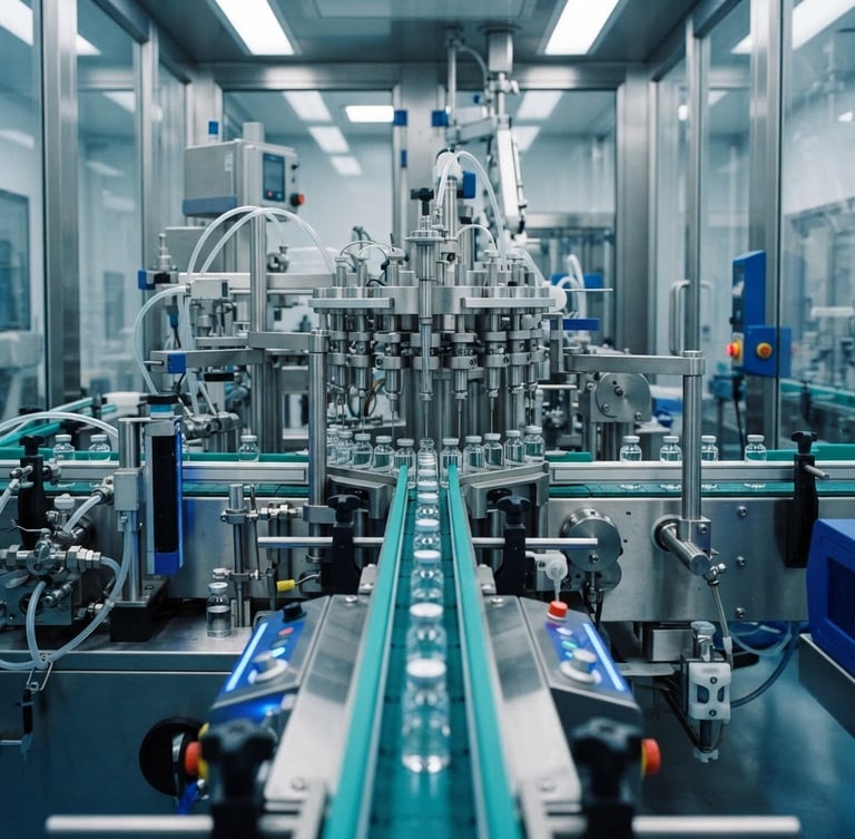Macro architectural shot of sterile injectable filling lines under cool clinical lighting, teal highlights, 35mm