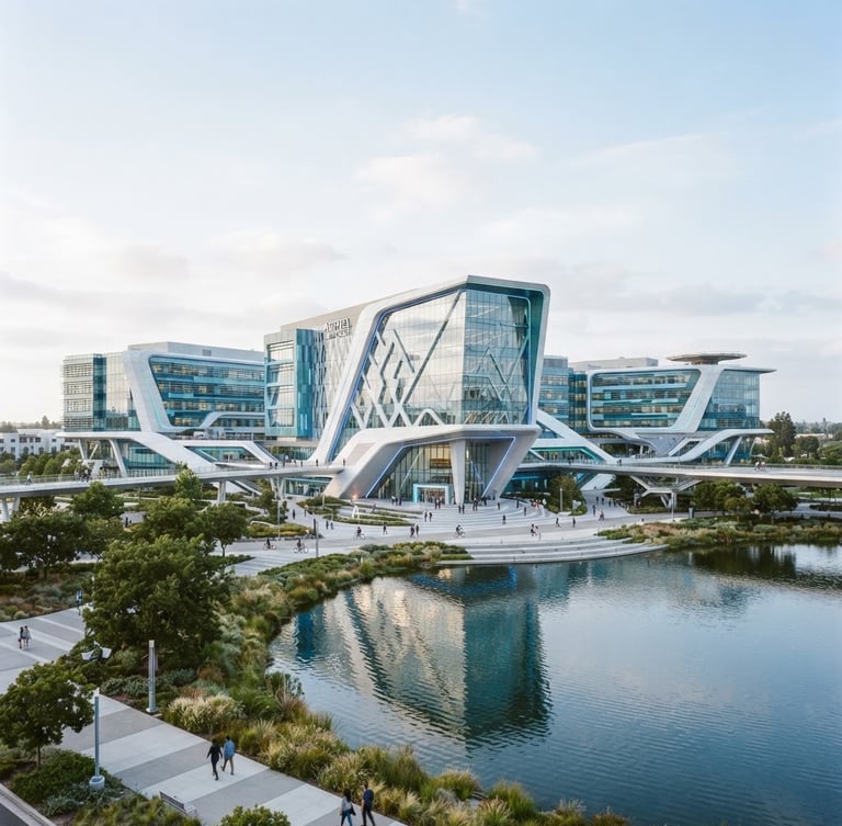 Wide architectural shot of a massive futuristic biotechnology campus headquarters, crisp high-key lighting, cool clinical blue and teal accents, 35mm photography.