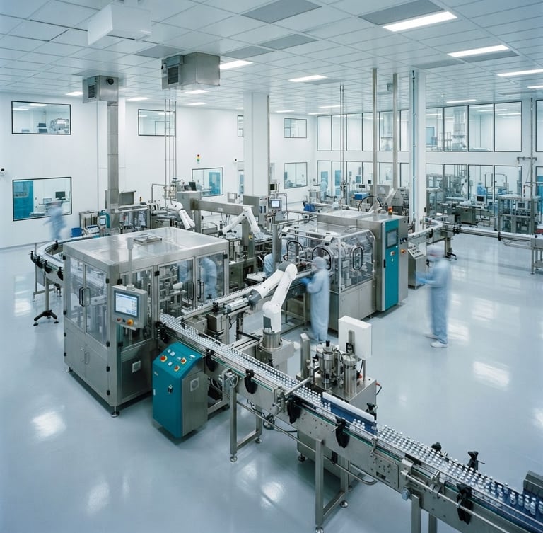 Wide architectural shot of an illuminated cleanroom with automated sterile injectable filling lines, cool clinical lighting, robotic precision, teal highlights, 35mm.