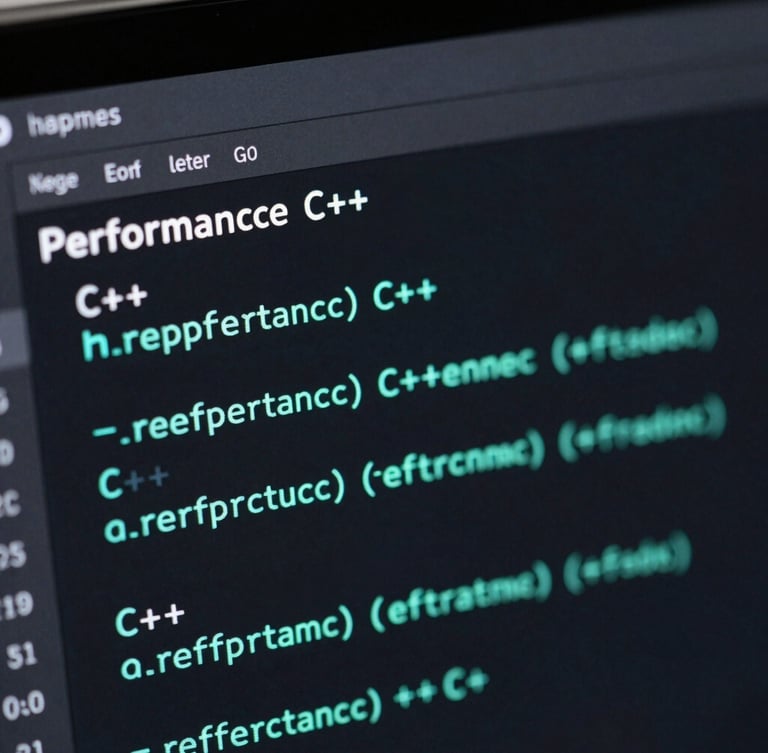 Extreme close-up macro shot of a dark-mode IDE showing clean high-performance C++ rendering code, neon cyan syntax highlighting, reflection on a glass screen, sleek technology photography