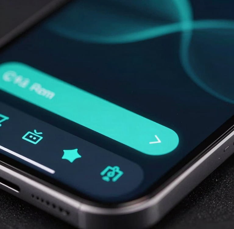 Sleek dark-mode technology photography, extreme close-up macro of a high-resolution mobile screen displaying fluid cyan UI animations, neon ambient glow, sharp focus, 35mm