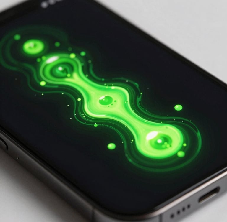 Macro close-up of a smartphone screen displaying a neon green fluid physics simulation, glowing particles, dark obsidian background, 35mm