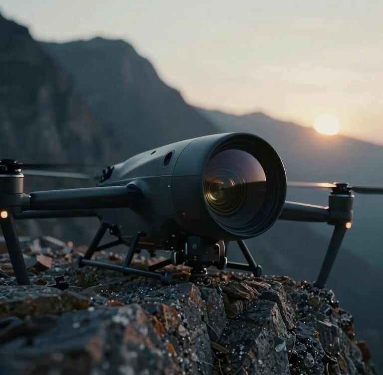 Close-up of a heavy-lift cinema drone resting on a rugged mountain ledge, large anamorphic lens visible, dramatic backlight, moody atmosphere
