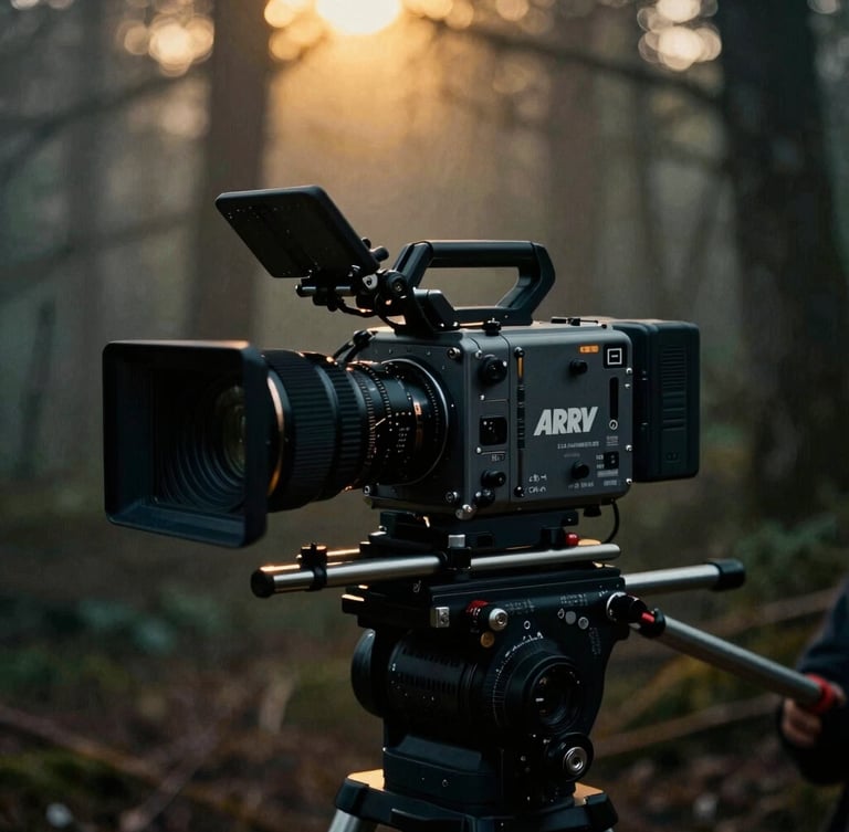 Anamorphic close-up of a high-end Arri Alexa camera rig on a dark, misty forest location, dramatic golden backlighting, high-contrast chiaroscuro, 35mm grain