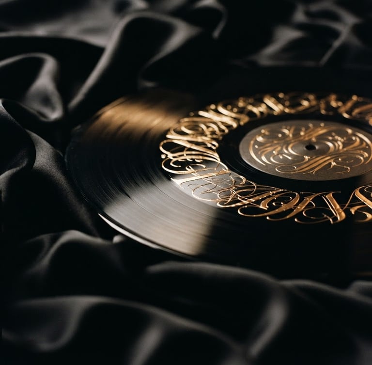 Close-up of a luxurious vinyl record with gold foil lettering, resting on a draped black silk fabric, cinematic studio lighting, warm gold reflections, 35mm film