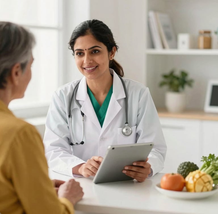 A professional Indian female nutritionist in a bright, modern clinical office guiding a middle-aged patient through a personalized nutrition plan on a tablet, warm natural light.