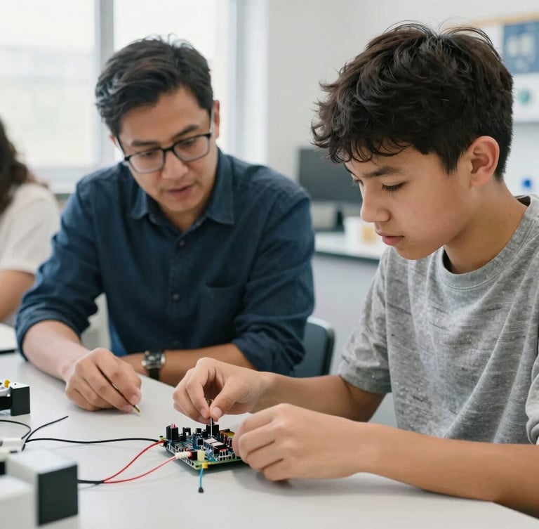 Portrait-oriented image of a young person with special educational needs engaged with a microcontroller, guided by an educator, in a well-lit lab, focus on hands and technology, natural laboratory light, 35mm