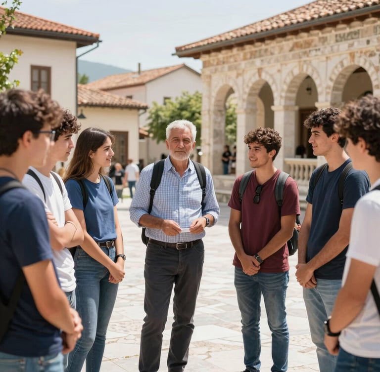 Portrait-oriented shot of a diverse group of international students and educators enjoying a cultural visit in a historic town in Thessaly, bright daylight, authentic setting, smiling and engaged, 35mm.