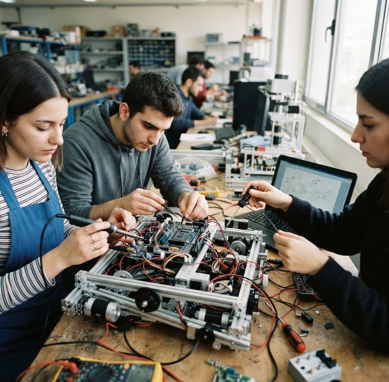 Wide panoramic Larissa lab, students collaborating over a robotic chassis, natural daylight, tight crop on hands and circuit boards, 35mm, authentic collaboration.