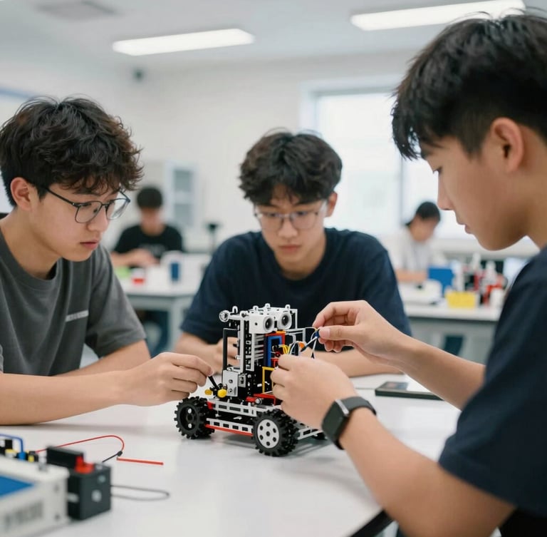 Bright documentary photo of students collaboratively building a robot chassis in a modern, well-lit lab, hands-on work, natural light, 35mm