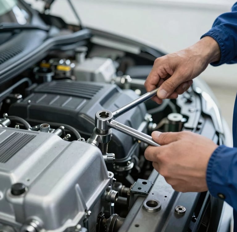 Close-up of a mechanic's hands using a torque wrench on a clean car engine, bright cool-toned workshop lighting, professional 35mm photography