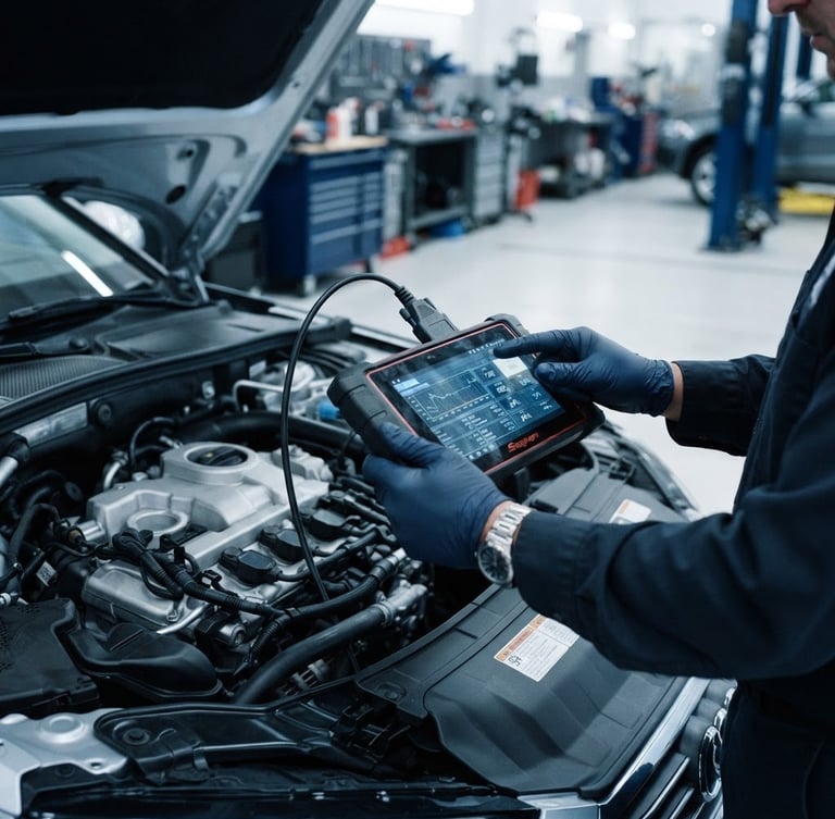 Close-up of a professional mechanic's hands in a clean, modern workshop using a digital diagnostic tool on a car engine, cool silver and navy tones, sharp focus, 35mm lens