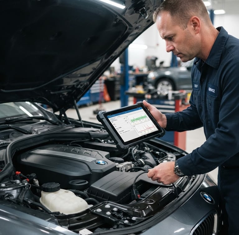 Close-up of a professional mechanic in a clean navy uniform using a modern digital diagnostic tablet connected to a car engine bay, bright cool LED overhead lighting, sharp focus, technical precision