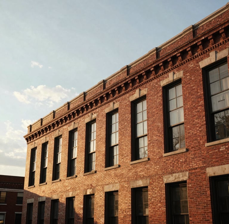 Wide environmental shot of a historic brick building in Midtown St. Louis during warm golden hour, natural overcast daylight reflecting off masonry, architectural detail, negative space on the left.