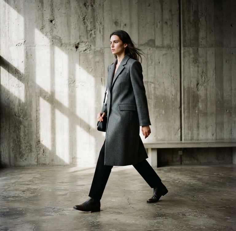 Medium-long environmental shot of a model in motion wearing a structured charcoal wool coat, walking past a raw concrete wall, soft natural window light, high-contrast shadows, 35mm film grain.