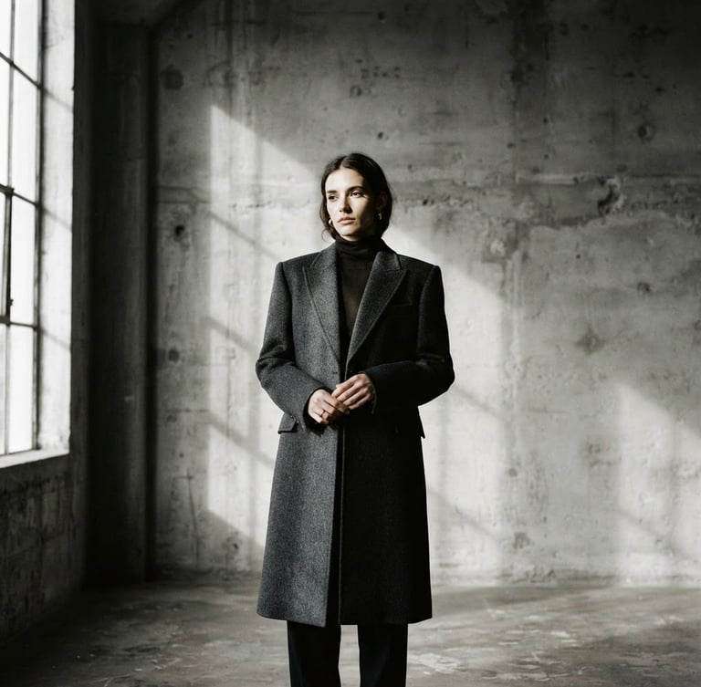 Environmental portrait of a model in a concrete studio, wearing a structured charcoal wool coat, soft natural window light, high-contrast shadows, 35mm film grain