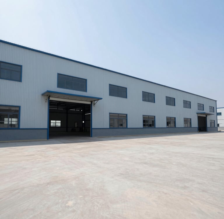 Wide geometric architectural shot of a clean modern industrial factory floor, bright daylight, cool blue tones, sharp focus