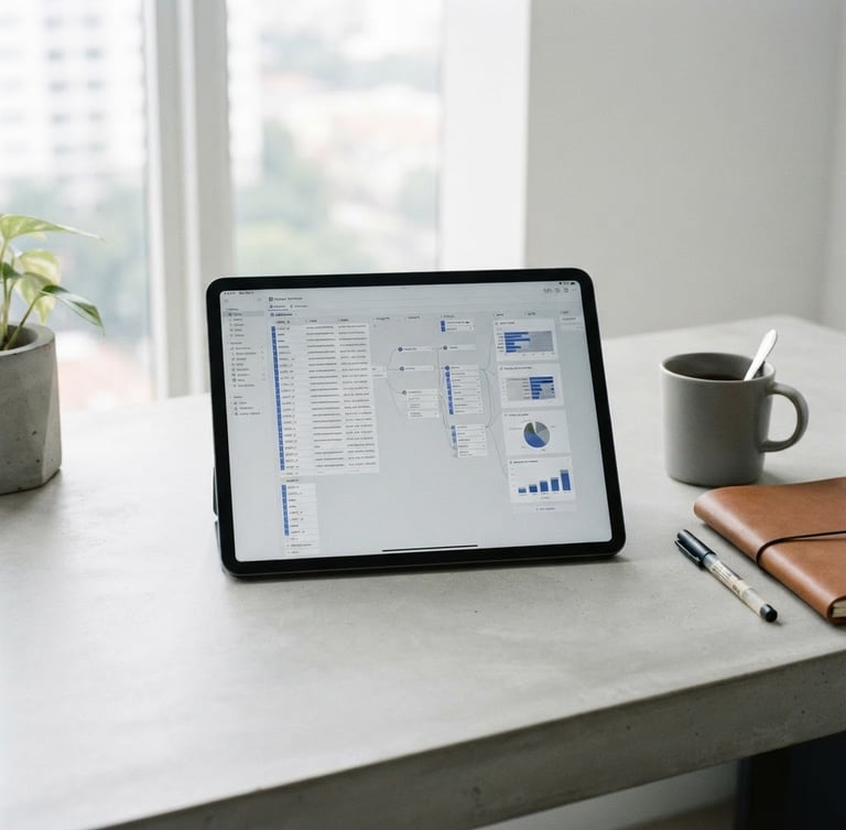 Minimalist editorial photography of a clean organized workspace, a modern tablet showing a structured database layout, bright neutral daylight, cool gray tones, 35mm