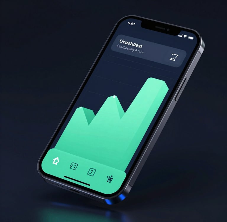 Sleek dark-mode Android smartphone mockup displaying a vibrant productivity interface with mint green charts, sharp isometric angle, low-key studio lighting.
