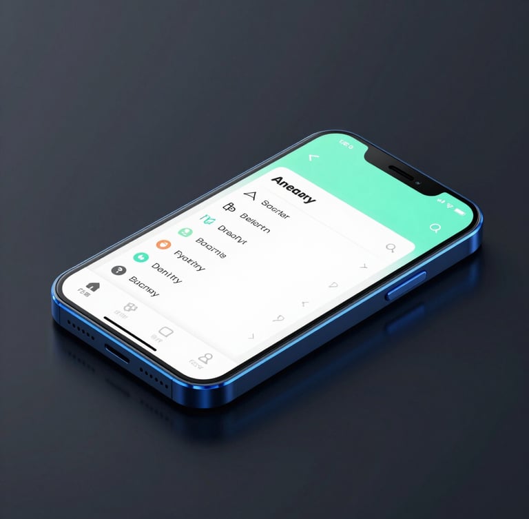 Sleek isometric Android device mockup on a dark reflective surface, glowing neon blue edge lighting, crisp high-fidelity UI layout, 50mm macro shot