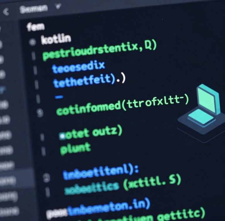 Extreme close-up of clean Kotlin code on a dark IDE screen, syntax highlighting in neon mint green and electric blue, shallow depth of field, high-tech engineering aesthetic