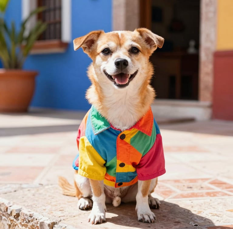 A happy small dog wearing a colorful custom-tailored shirt, sitting comfortably on a sunny Mexican patio, vibrant lifestyle photography, bright natural daylight.