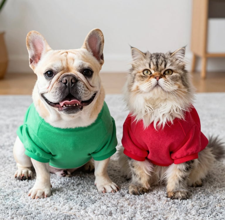 A happy French Bulldog and a fluffy Persian cat sitting together on a light gray rug, wearing custom-tailored vibrant colorful matching shirts, bright natural daylight, eye-level pet portrait