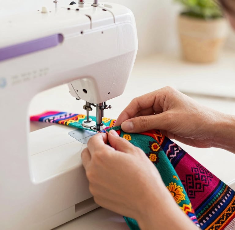 Hands of a Mexican artisan seamstress carefully stitching a colorful fabric on a sewing machine in a bright, warm workshop, shallow depth of field.