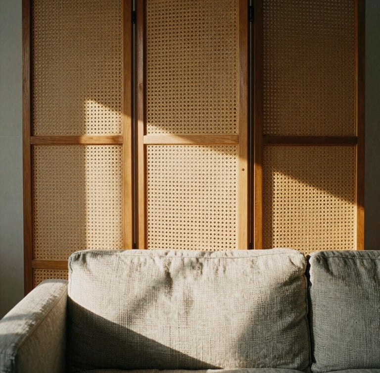 Architectural close-up of a warm wood and rattan folding screen dividing a sunlit workspace, soft afternoon light casting textured shadows on a linen sofa, muted earth tones, 35mm