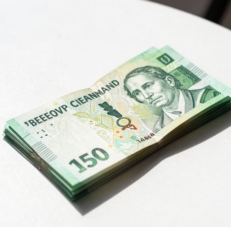 Bright clean photography of Colombian Peso bills stacked neatly on a white table under natural daylight, 35mm