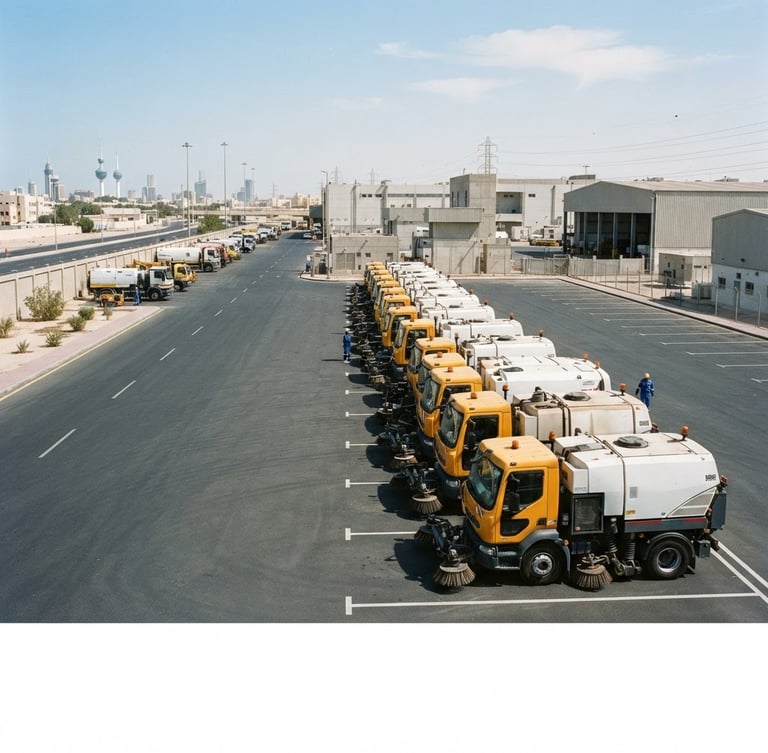 Wide shot of heavy-duty municipal sweeping vehicles lined up under bright Kuwaiti daylight, clean paved ground, industrial scale, 35mm