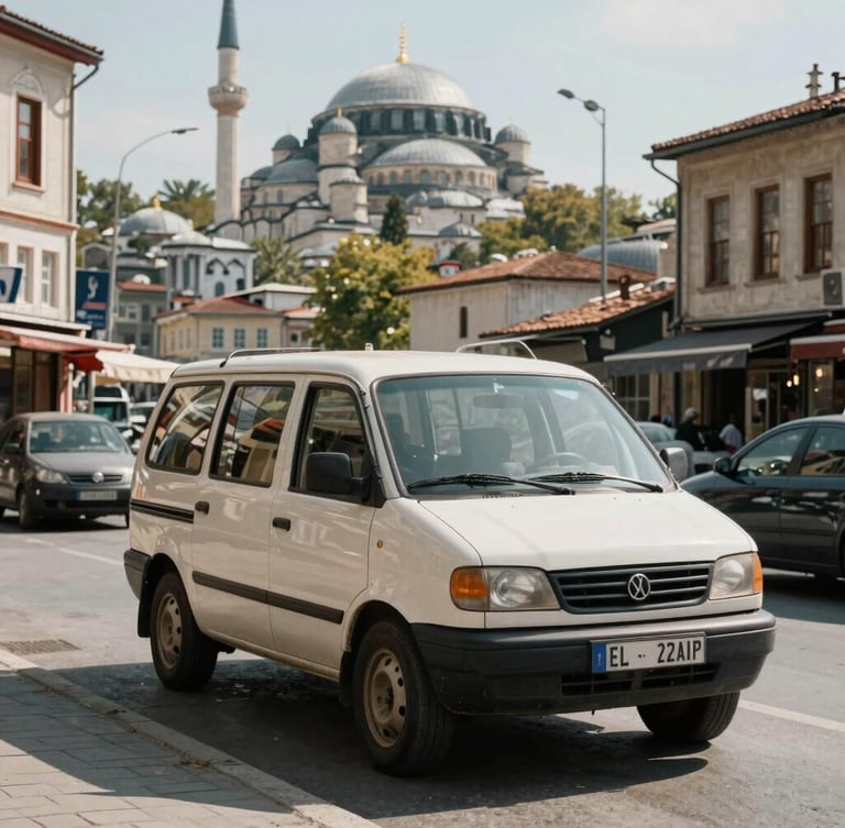 Kadıköy sokaklarında hareket halindeki mobil teknik servis aracı, arka planda tarihi Haydarpaşa Garı silüeti, parlak ve net gün ışığı.