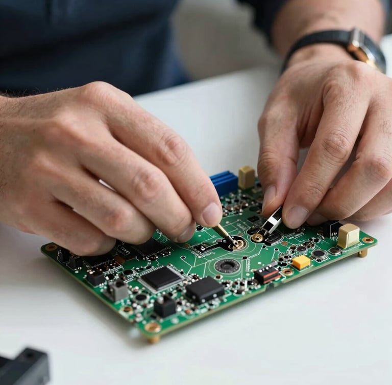Close-up shot of a technician's hands repairing a laptop motherboard on a clean white desk, high-contrast lighting, technical precision.