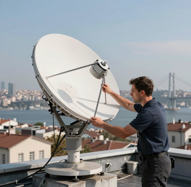 A professional technician aligning a satellite dish on an Istanbul rooftop with the Bosporus bridge and skyline visible in the background, bright natural daylight, medium shot.